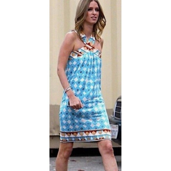 Diane Von Furstenberg Banner Dress Rhombus Blue Brown Print Silk Mini NWT Size 4 - Picture 4 of 10